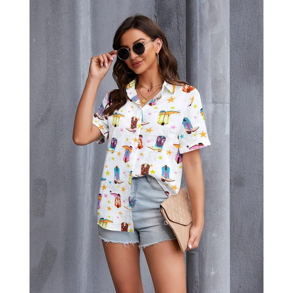 ALLTB Western Button Up Shirts Women Vintage Print Cowgirl Shirt Tops Hawaiian Vacation Short Sleeve Top Blouses Cute Country Concert Outfit