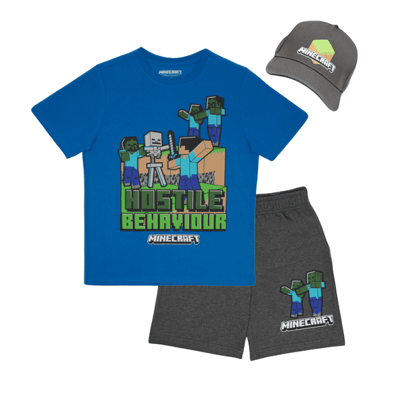 Minecraft Boys 3-Piece Hostile Behavior Set - Short Sleeve Graphic T-Shirt, Shorts, and Baseball Cap Outfit for Kids (Sizes 4-16)