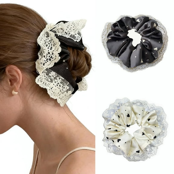 Blisscok 2Pcs Hair Scrunchies, Scrunchies for Women, Cute Lace Polka Dots Ponytail Holders, Soft Elastic No Damage Hair Ties for Women & Girls