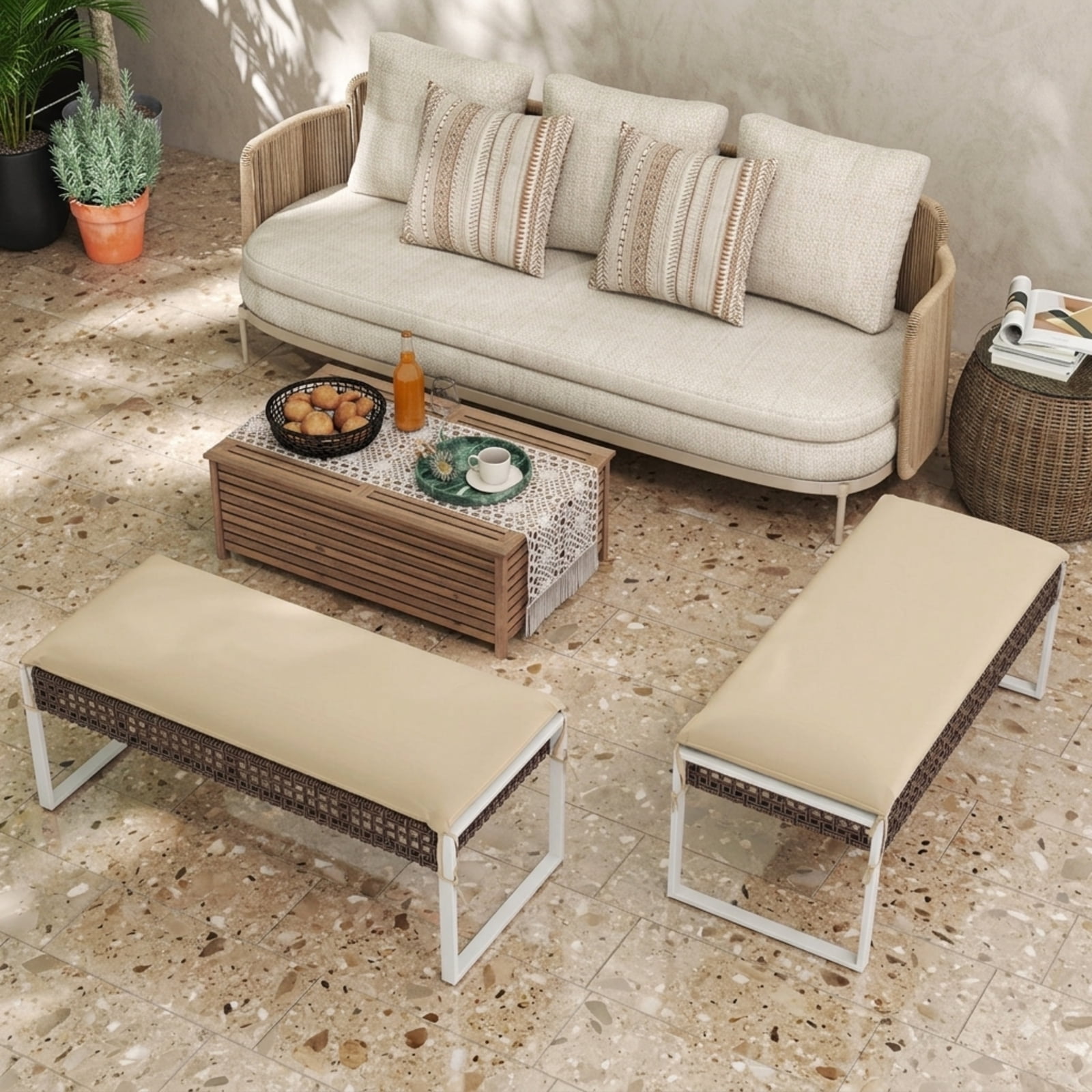 Furnibear 43 Inch Patio Rectangle Ottoman Set of 2, Outdoor PE Rattan Wicker Footrest with Metal Legs & Cushion for Backyard Poolside, 800 LBS, Beige