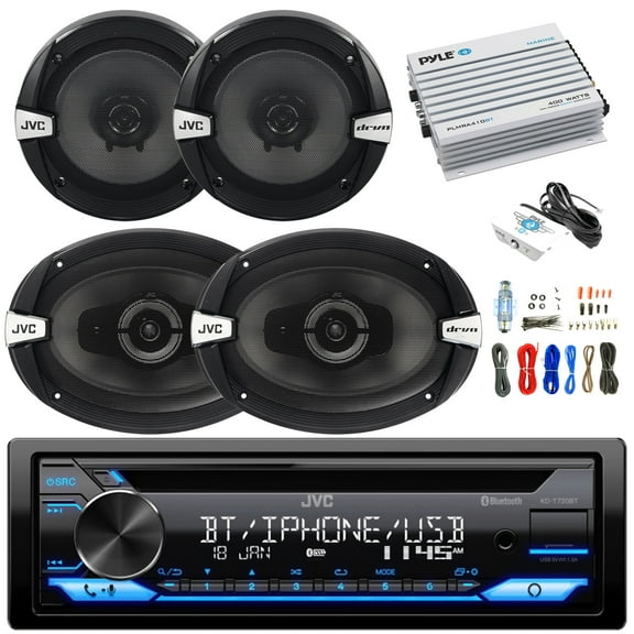 JVC KD-T720BT Single DIN Stereo USB AUX Bluetooth CD Player Car Audio Receiver, 2x JVC CSDR162 300W Peak 6.5" 2-Way Speakers, 2x JVC CS-DR693 6x9" 3-Way Speakers, 4-Channel 400W Amp w/ Wiring Kit