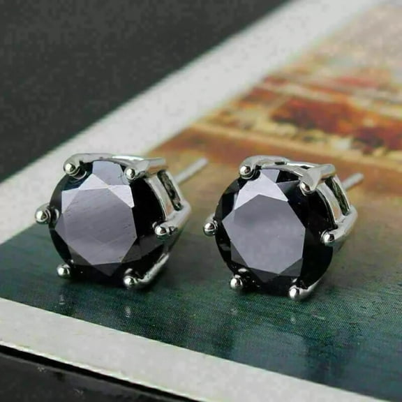 7MM 2Ct Round Lab Created Black Diamond Stud Earrings 14K White Gold Plated