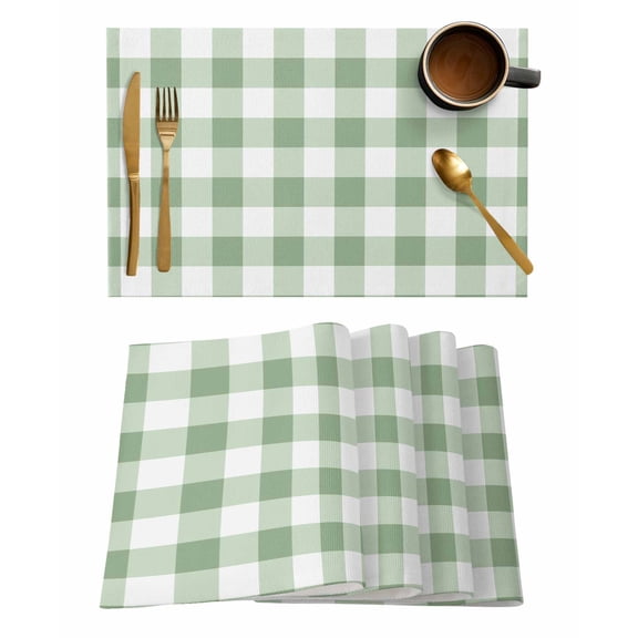 Sage Green Buffalo Plaid Placemats Set of 4, Green White Checkered Farmhouse Placemats for Dining Table, Place Mats for Kitchen Tabletop, Waterproof Wipeable Dining Table Mats Set