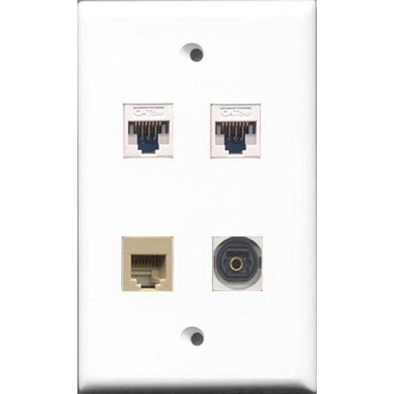 RiteAV - 1 Port Phone RJ11 RJ12 Beige and 1 Port Toslink 2 Port Cat5e Ethernet White Wall Plate