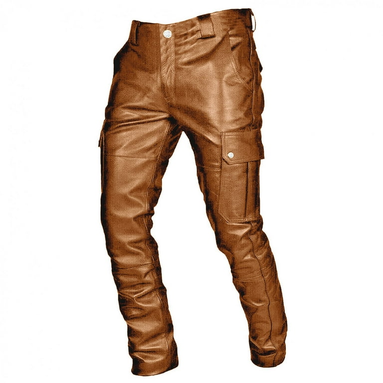 Men Faux Leather Cargo Biker Pants Retro Faux Leather Stretch Motorcycle  Cargo Pants Straight Leg Multi Pockets Moto Trousers