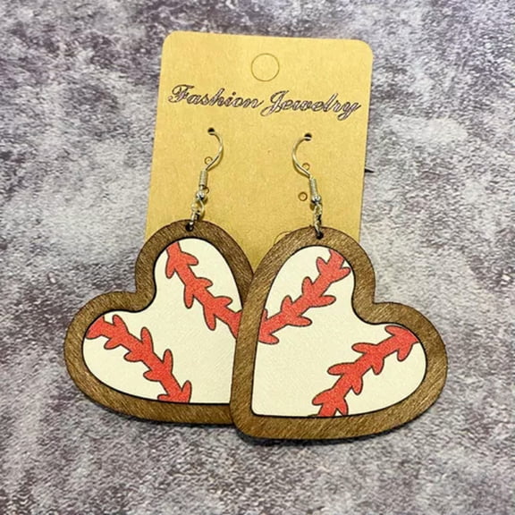 Leather Wood Bezel Sport Earrings Baseball Football Print Heart Basketball Fans