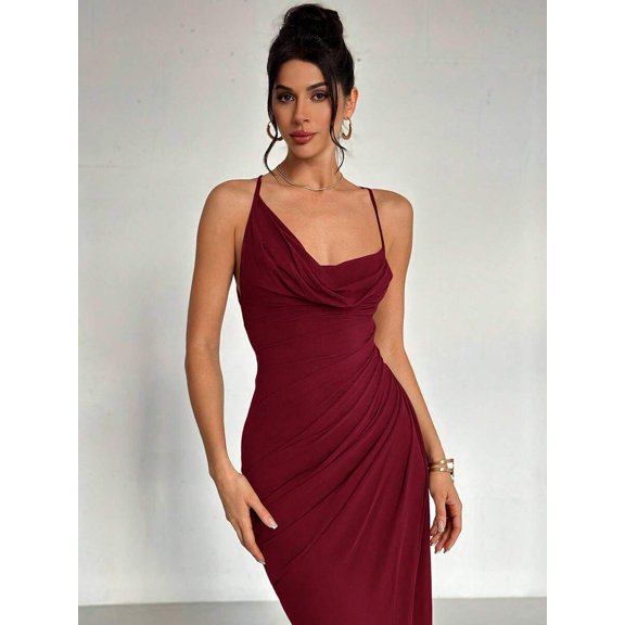 Burgundy Draped Cowl Neck Spaghetti Strap Maxi Dress For Women