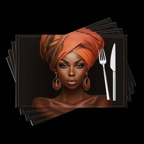 BaHomeck placemats Set of 4 Beautiful African Woman With Orange And Brown Turban Cotton Linen rectangle Placemats for Kitchen Dining Table Indoor,Outdoor,18*12inch