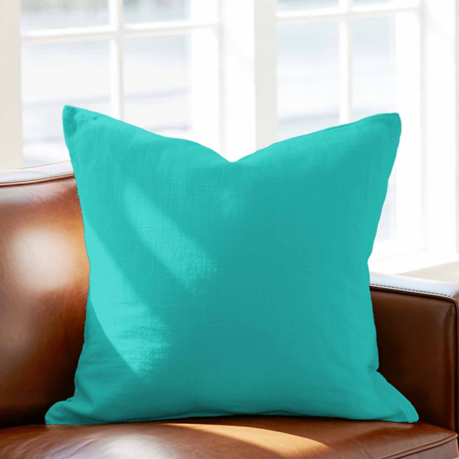 Throw Pillow Covers 24 x 24 Inch, Turquoise Cotton Linen Pillows Cases, Modern Pure Turquoise Square Cushion Covers for Couch Sofa Bed