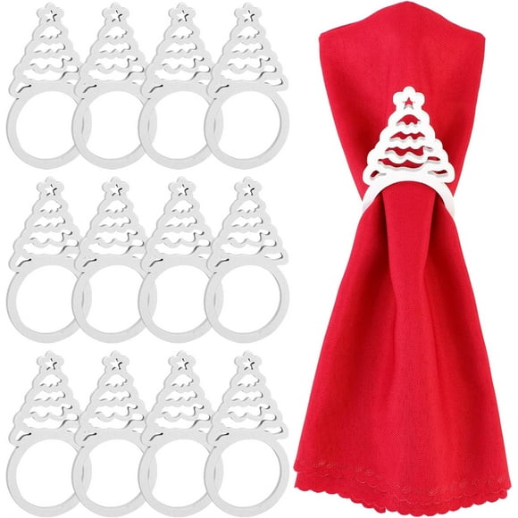 MWOOT Christmas Napkin Rings Set of 12, White Christmas Tree Wooden Napkin Ring Holders Buckle for Christmas Wedding Holiday Dinner Party Banquet Decoration, Handmade Table Settings Accessories