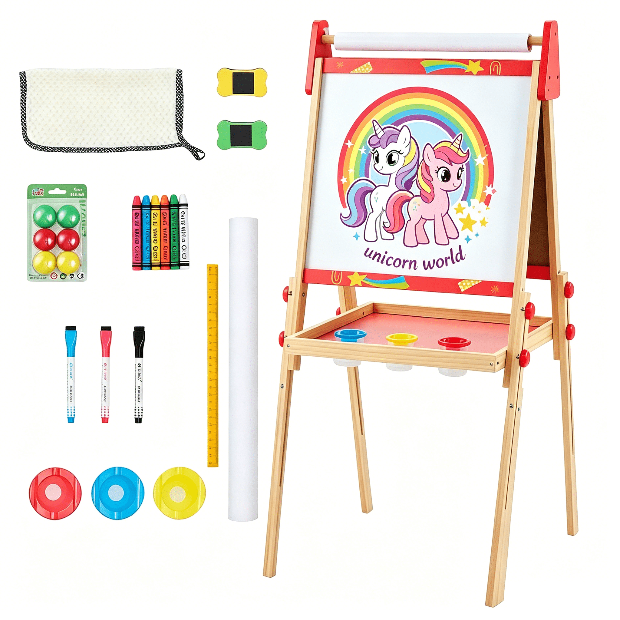 CONCETTA Kids Easel, Double-Sided Magnet Whiteboard & Chalkboard with Paper Roll, Storage Shelf & Accessories, Red