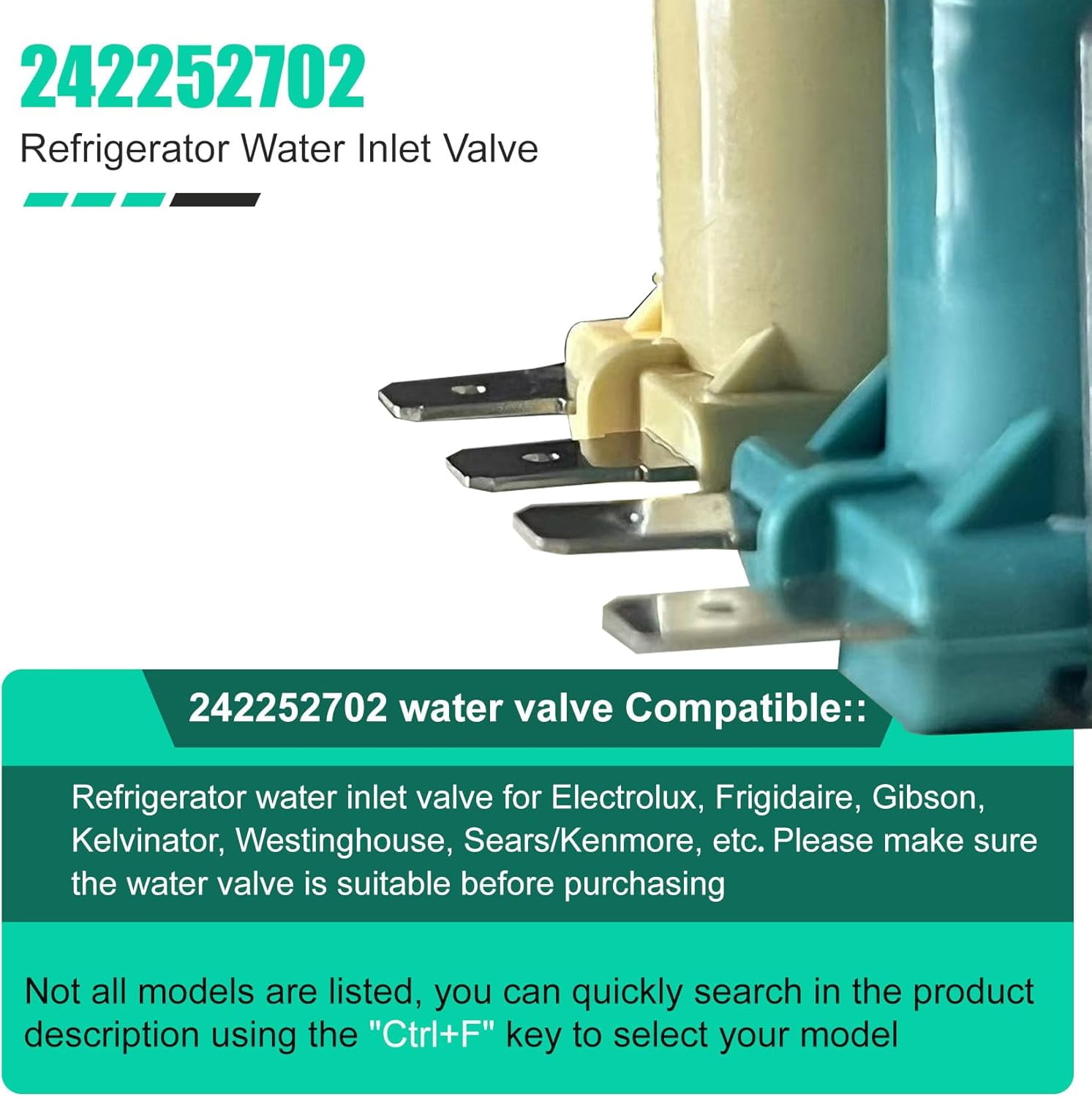 RVKXHD 242252702 Refrigerator Water inlet Valve for Frigidaire Kenmore Electrolux Crosley, Fridge Water Valve replacement Parts 240531101 241734301 WV2702 AP5671757 240321801 K-76150, 1 Year Warranty