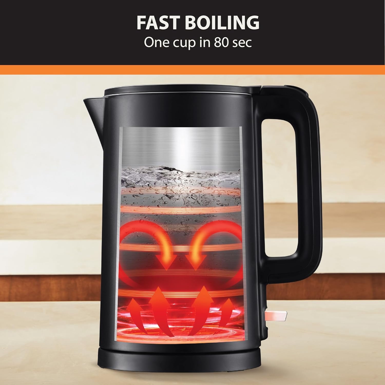 1.5L Electric Kettle Stainless Steel Cool Touch Interior, Fast Boiling, One Cup in 80 Snds, Double Wall, Auto Off, Keep Warm, Hot Water Kettle Electric, Cordless, Black