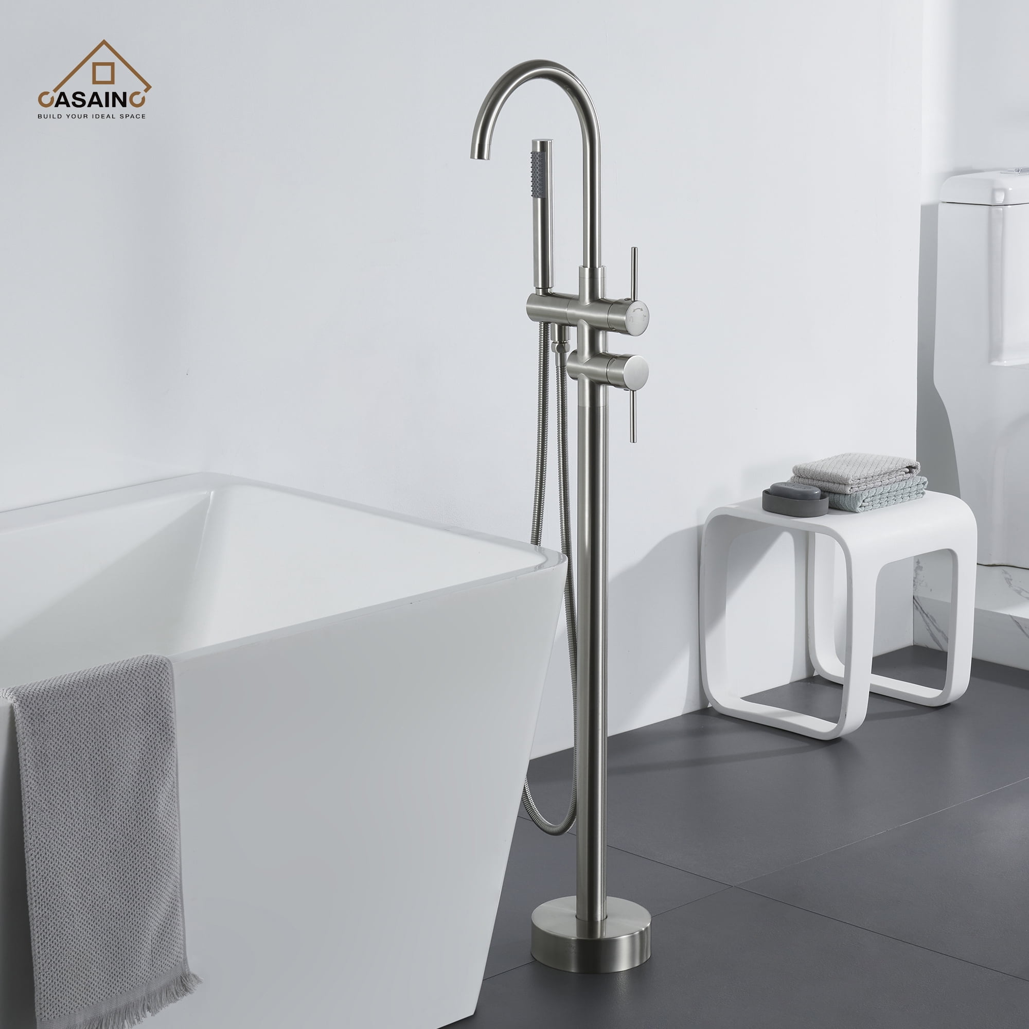 CASAINC 2-Handle Residentail Freestanding Bathtub Faucet with Hand Shower, Brushed Nickel