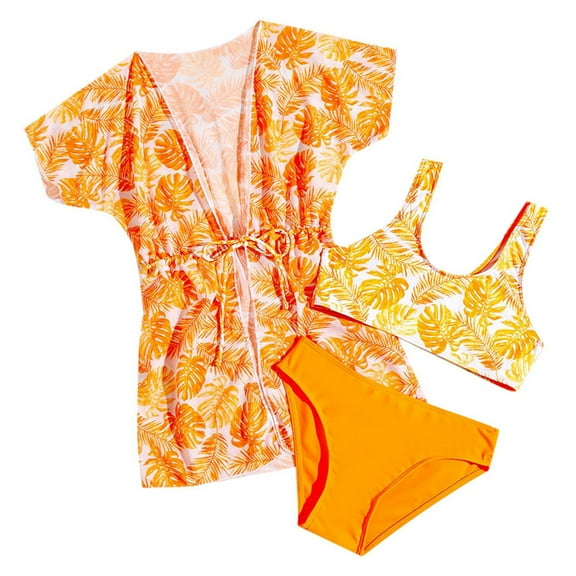 Pimfylm Teen Girl Triangle Bikini Set Teen Girls Bathing Suits Kids Long Sleeve Swimsuit Bikini Tankini Set Swimwear 3PCS Orange,Size for 7-8 Years