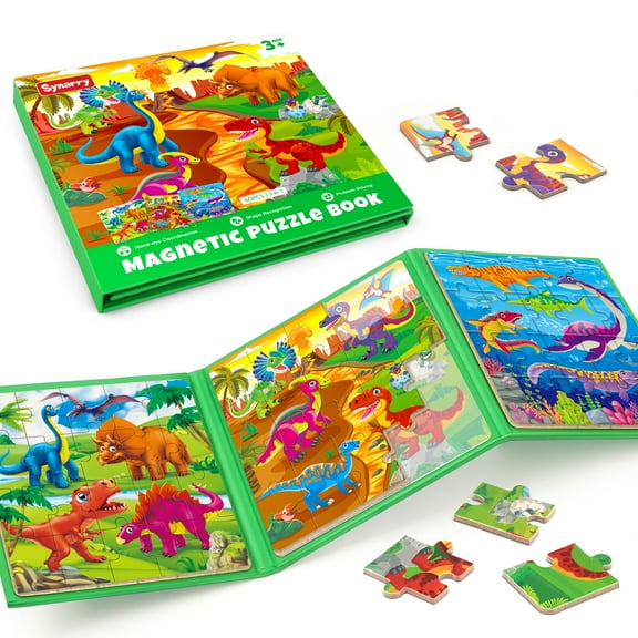 SYNARRY Wooden Toys Set, 3-in-1 Dinosaur Magnetic Puzzles, Each Puzzle with 20 Pieces, FSC Certified Jigsaw Puzzle