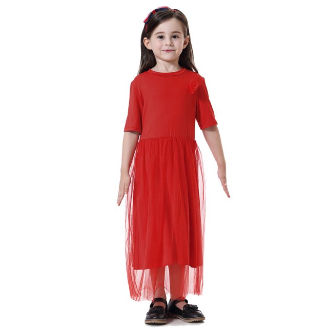 Qudderr Robe à Col Rond pour Filles de 1 à 12 Ans, Manches Courtes, Décontractée, Longue, en Tulle