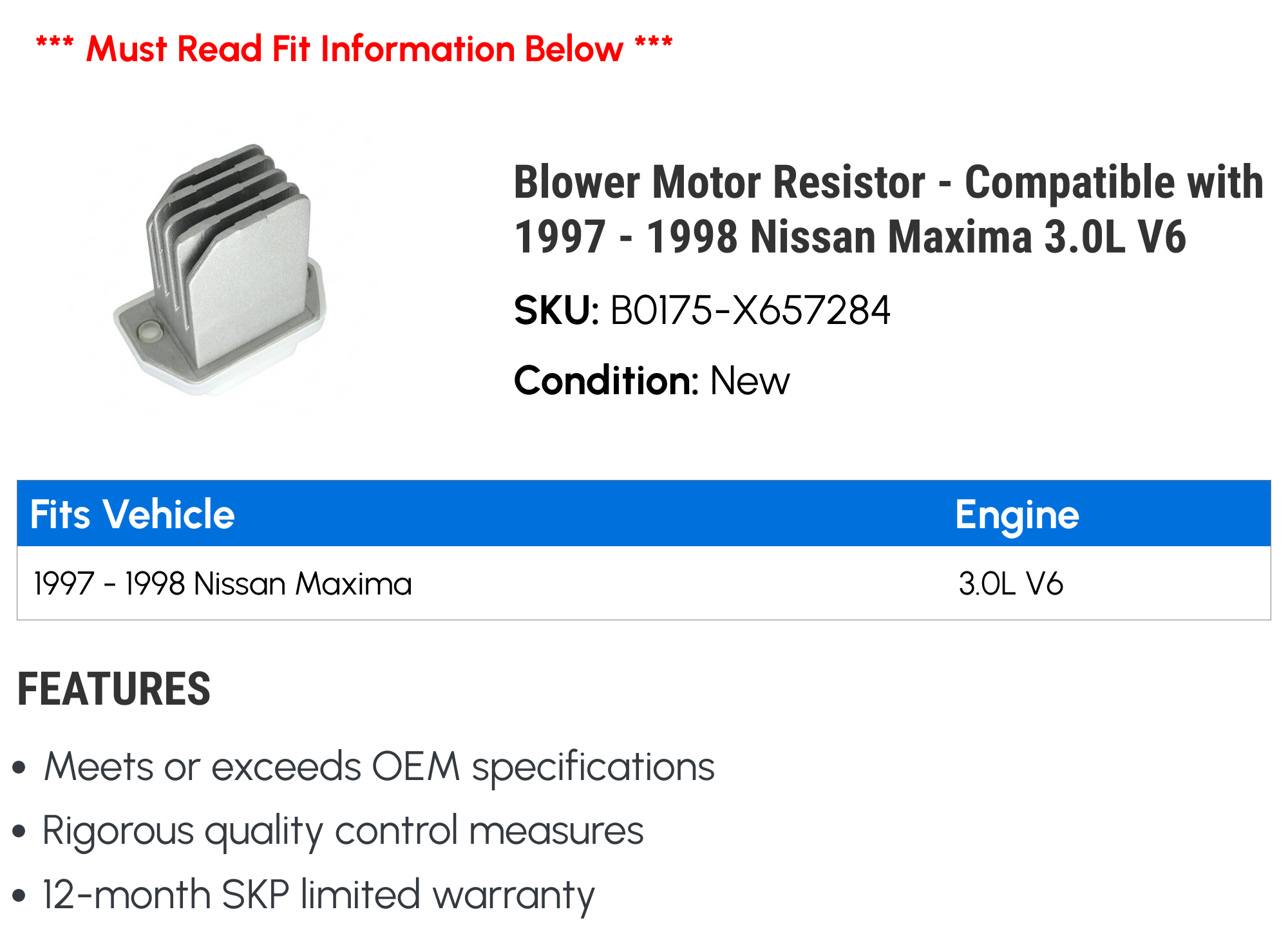 Blower Motor Resistor - Compatible with 1997 - 1998 Nissan Maxima 3.0L V6
