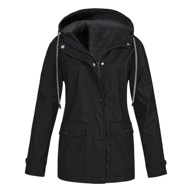 Fleece-Lined Rain Jacket, Waterproof Hiking Shell, Winter Outdoor Coat Black L , Coat