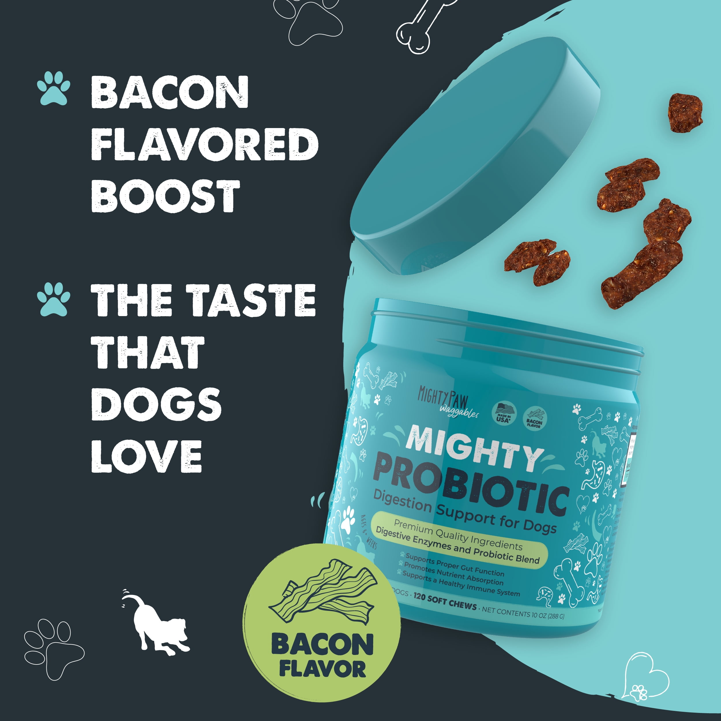 Mighty Paw Waggables Dog Probiotics Chews, Digestive Enzymes Supplement, Bacon Flavor, USA, 120 ct