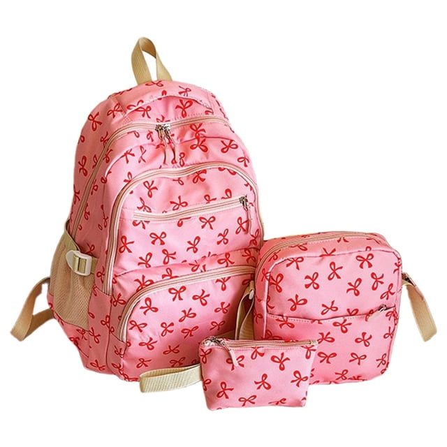 Back to School Supplies Bow Backpack For Women 3 PCS Cute Backpack Nylon Aesthetic Daypack Bow Pattern Rucksack