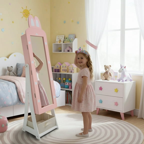 Ktaxon Kids Jewelry Armoire with Full-Length Mirror, Fabric Drawer, Freestanding Jewelry Cabinet & Vanity Organizer for Girls, Pink