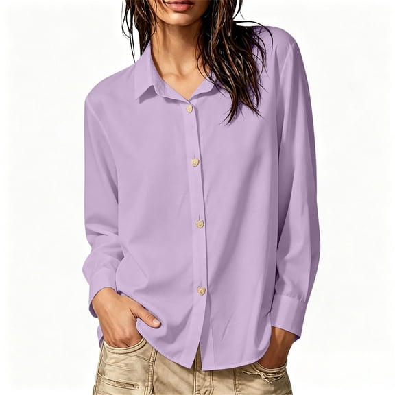 cocolona Heart-Shaped Button Down Blouses for Women Solid Color Long Sleeve Lapel Shirts Trendy Casual Blouses
