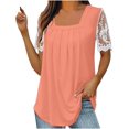 thumbnail image 3 of Blusas para mujer moda 2023 Casual cuello cuadrado Color sólido encaje Patchwork plisado blusa manga corta camisas de verano, 3 of 5