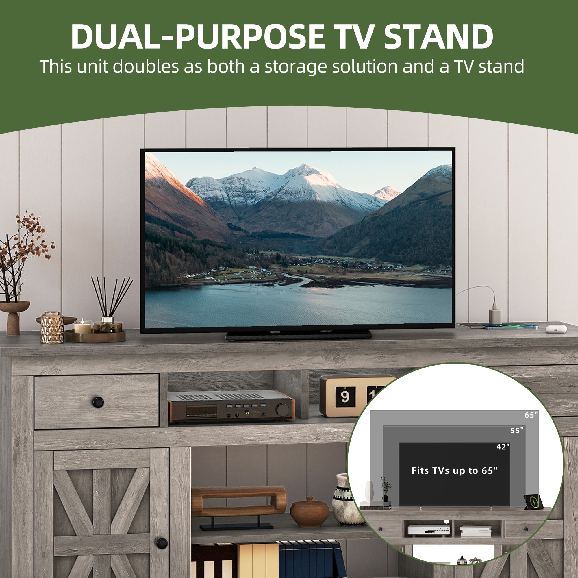 Uforic 59" Farmhouse TV Stand with Storage for Living Room, Entertainment Center for up to 65" TV, Washed Gray