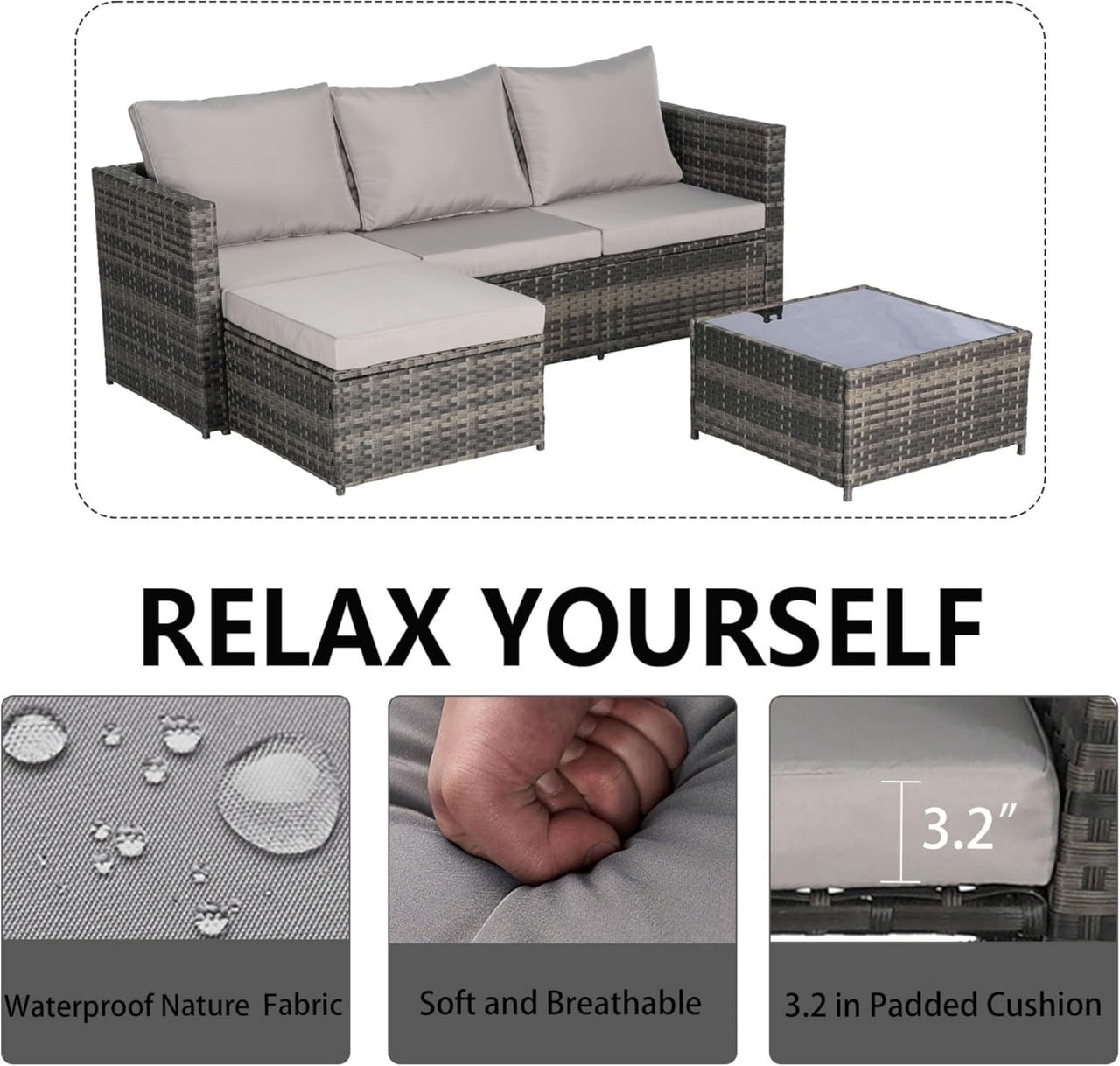 3-Piece Patio Furniture Set with Coffee Table, Outdoor L-Shaped Sectional Sofa Set with Ottoman, Wicker Outdoor Conversation Set for Backyard Poolside