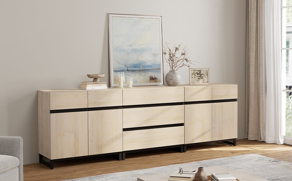 WAMPAT Modern TV Stand for TVs up to 100 inch, 3 in 1 TV Console with Adjustable Shelves and 3 Drawers, Media Console for Living Room,Bedroom, Beige