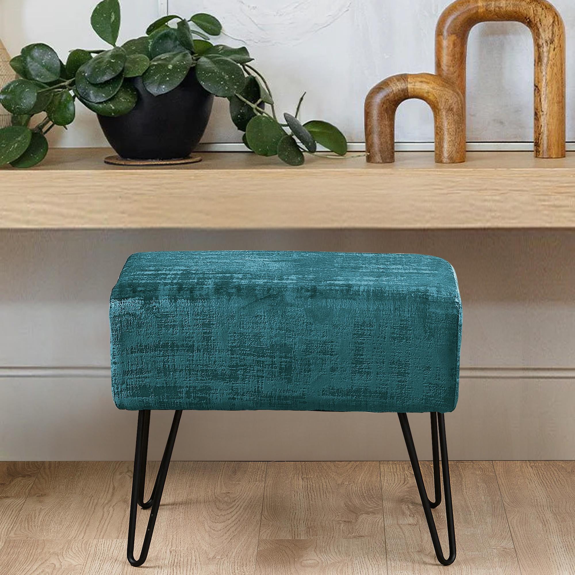 Home Soft Things Textured Velvet Ottoman Stool Chair, Upholstered Footrest with Black Metal Legs, Agate Green, 19" x 13" x 17"