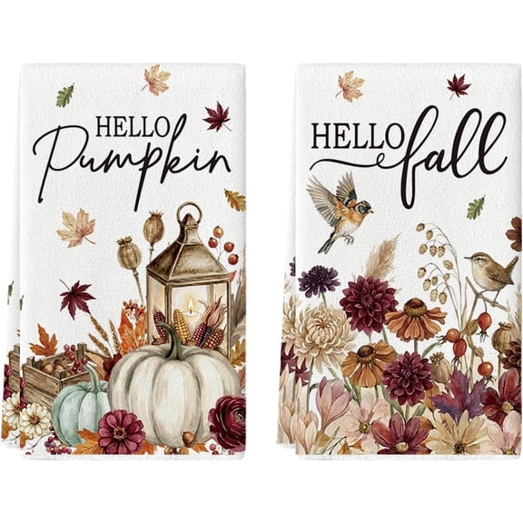 Hello Pumpkin Floral Bird Fall Kitchen Towels Dish Towels, 18x26 Inch Farmhouse Autumn Thanksgiving Decoration Cleaning Set of 2