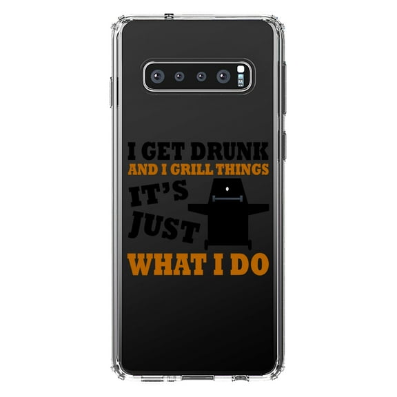DistinctInk Clear Shockproof Hybrid Case for Samsung Galaxy S10  PLUS (6.4" Screen) - TPU Bumper Acrylic Back Tempered Glass Screen Protector - I Get Drunk & Grill Things