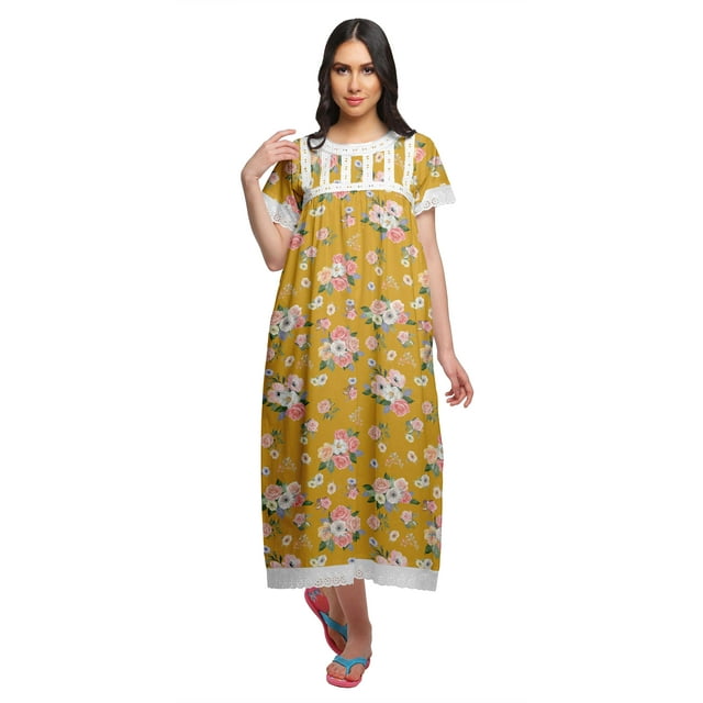 Moomaya Chemise de Nuit Maxi Boutonnée à Manches Courtes Imprimée pour Femmes en Coton