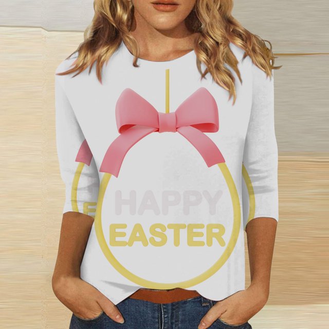 Luowei T-Shirts de Pâques pour Femmes, T-Shirts Graphiques d'Œufs Amusants, Manches 3/4, Hauts Mignons avec Lapin, Tunique en Coton, Rouge, G