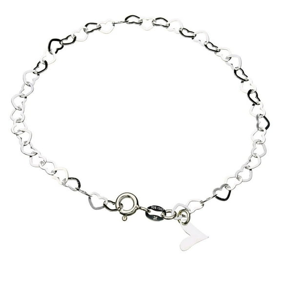 Sterling Silver Flat Heart Link Charm Anklet Nickel Free Chain Italy Adjustable, 9.5"