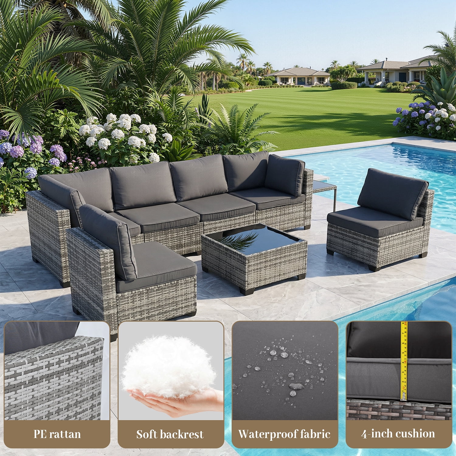 AstrPthylx 7-Piece Patio Sectional Set with Coffee Table, All-Weather Outdoor PE Rattan L-Shaped Sofa & Cushions for Garden, Backyard (Dark Gray)