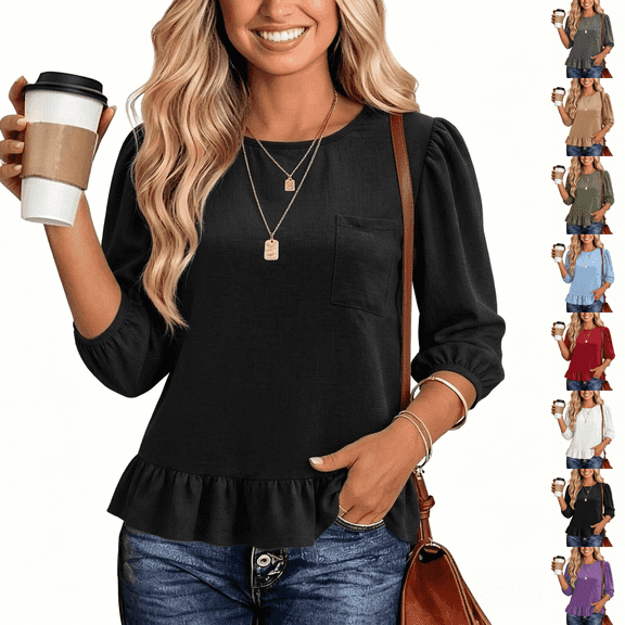 Asgosdo Women Tops Shirts 3/4 Puff Sleeve Round Neck Olive Green Solid Ruffle Hem Pocket Loose Casual Blouses All Season Womens Tops