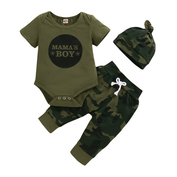 Kucnuzki Infant Baby Boys Outfits Letter Print Romper Short Sleeves Romper Top Camouflage Pants Hat 3pcs Pant Sets Fall Green 12-18 Months