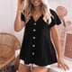 thumbnail image 2 of Blusa de manga corta con cuello en V, blusa de mujer con cuello en V, dobladillo con volantes, blusa de manga corta con botones y probada y confiable, 2 of 5