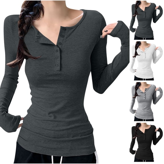Gswybco Button Down Fitted Tops for Women Long Sleeve Henley Neck Casual Blouses Fall Fashion Loose Fit Solid Color Everyday Shirt