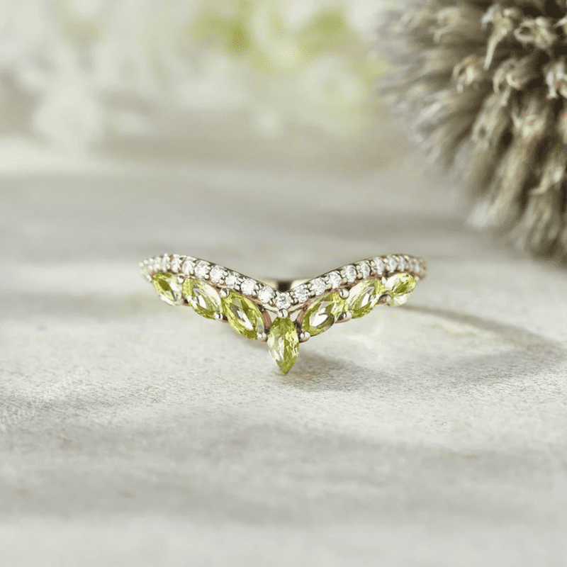 Unique Marquise Peridot Curved Wedding Band in 14k Rose Gold Vermeil - Anniversary Gift For Her - August Birthstone