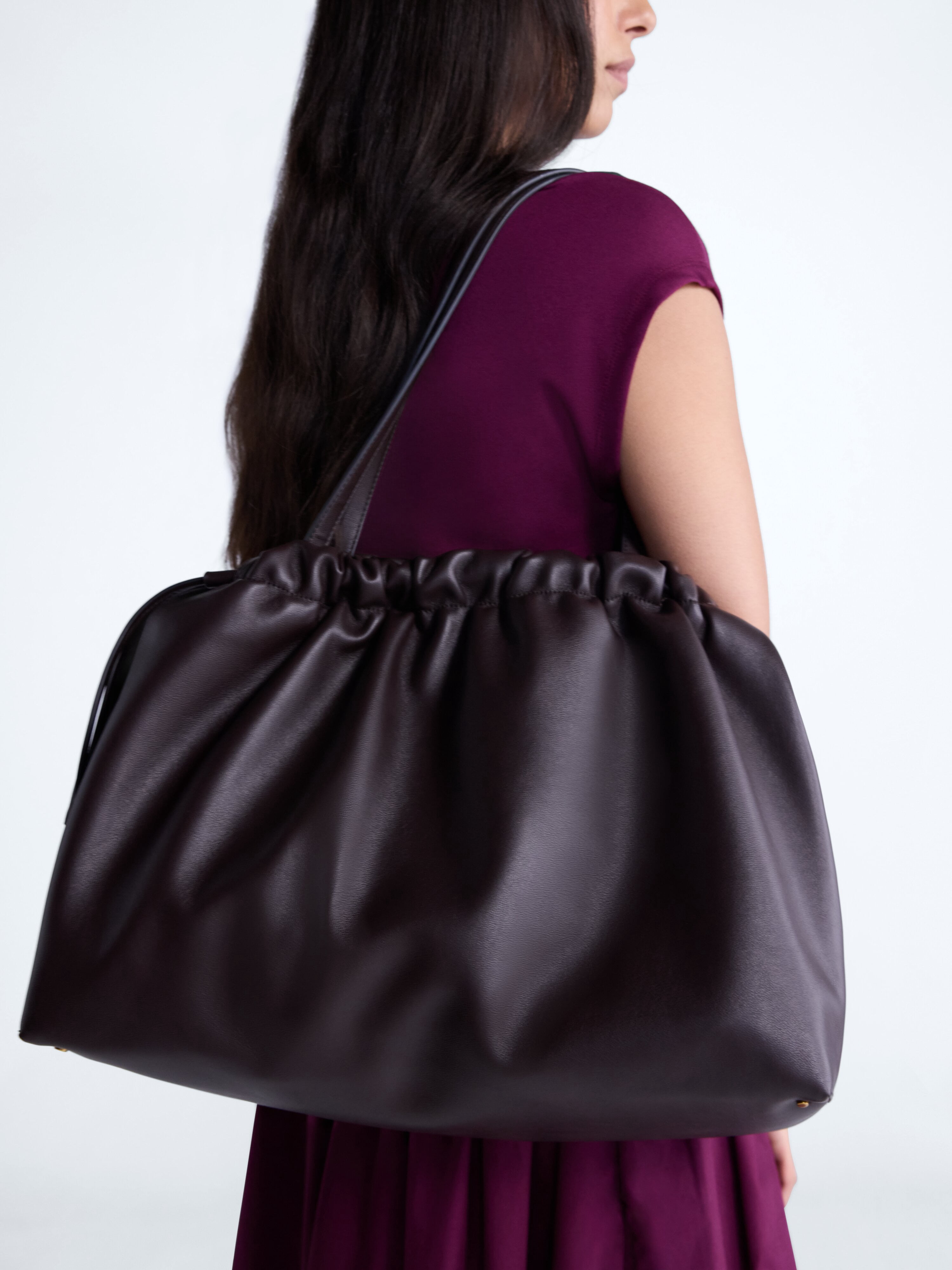 Scoop Women's Faux Leather Oversized Drawstring Pouch Tote Bag, Dark Brown