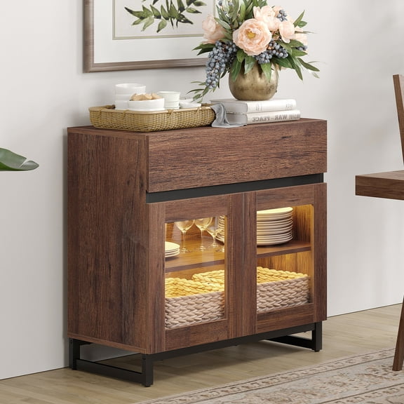 Modern Sideboard Buffet Cabinet with Glass Door & 1 Drawer, Adjustable Shelf Credenza, Coffee Bar Storage Cabinet for Living Room & Kitchen,Brown