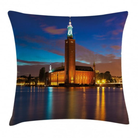 European Throw Pillow Cushion Cover, Stockholm Scenic Night at City Hall Old Town Enchanted Town Sweden View, Decorative Square Accent Pillow Case, 24 X 24 Inches, Blue Cinnamon Mauve, by Ambesonne