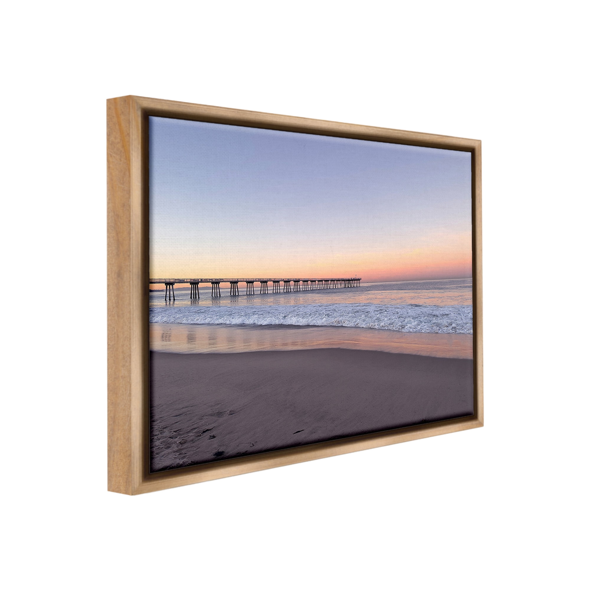 Stupell Industries Tropical Pier at Sunrise Landscape Photography Brown Floater Framed Canvas Art Print Wall Art, 31 x 25