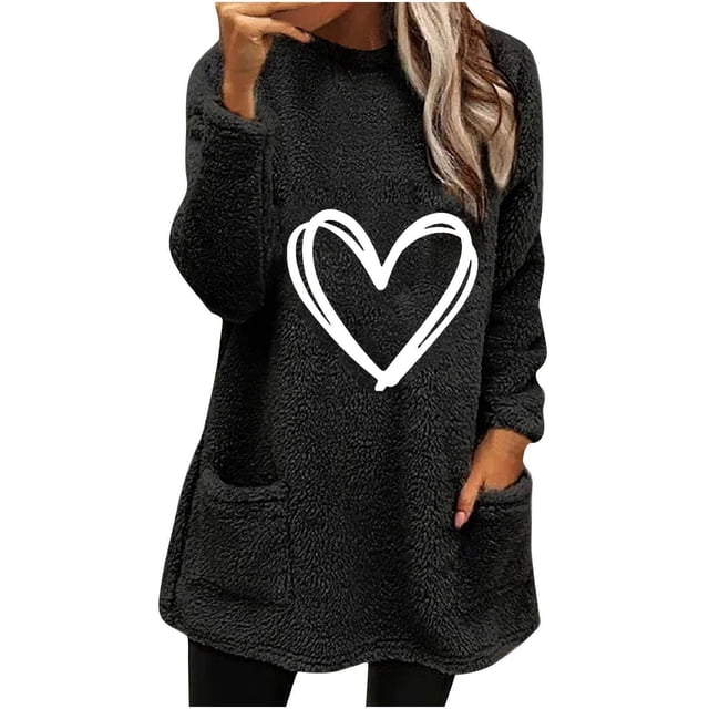 Funicet Blouses à Manches Longues pour Femmes, Blouses pour Femmes, Imprimé Amour pour Femmes Col Rond et Hiver Ample Poche Solide Chaude Blouse à Manches Longues, Blouses à Manches Longues pour Femmes, Blouses pour Femmes Décontractées