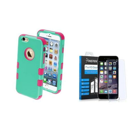 Insten Hybrid 3-Layer Protective Hard PC Outer/Silicone Inner Case for iPhone 6 6s - Teal/Pink (+ Tempered Glass Screen
