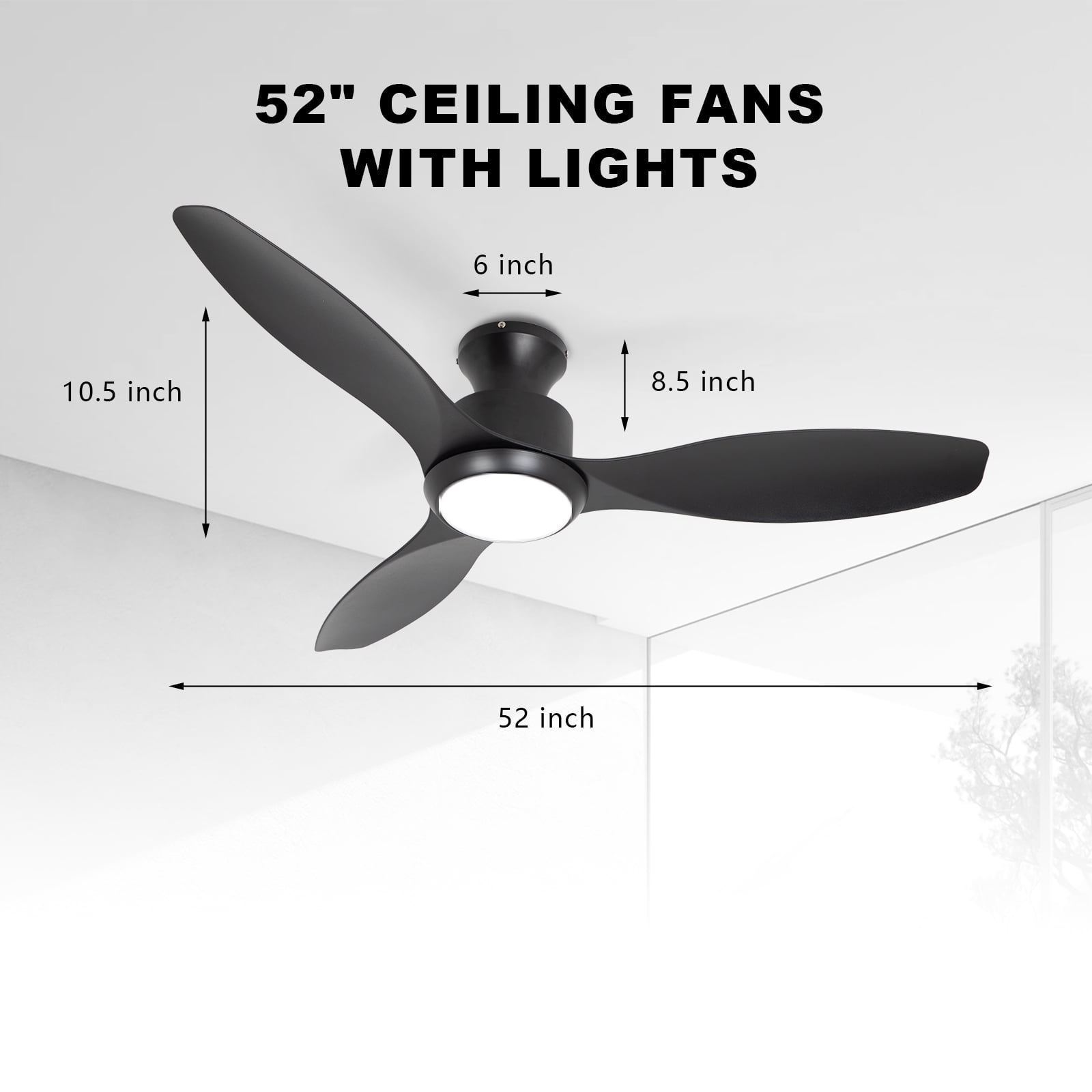 Wozzio 52’’ Indoor Outdoor Ceiling Fan with Light and Remote Control, 3 Black Blades, Silent Reversible DC Motor, Light Memory Function, 6-speed Airflow for Bedroom/Living Room, etc.